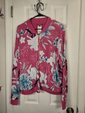 IMAN Global Chic Royal Hot Pink Floral Print Zip Front Bomber Jacket XL